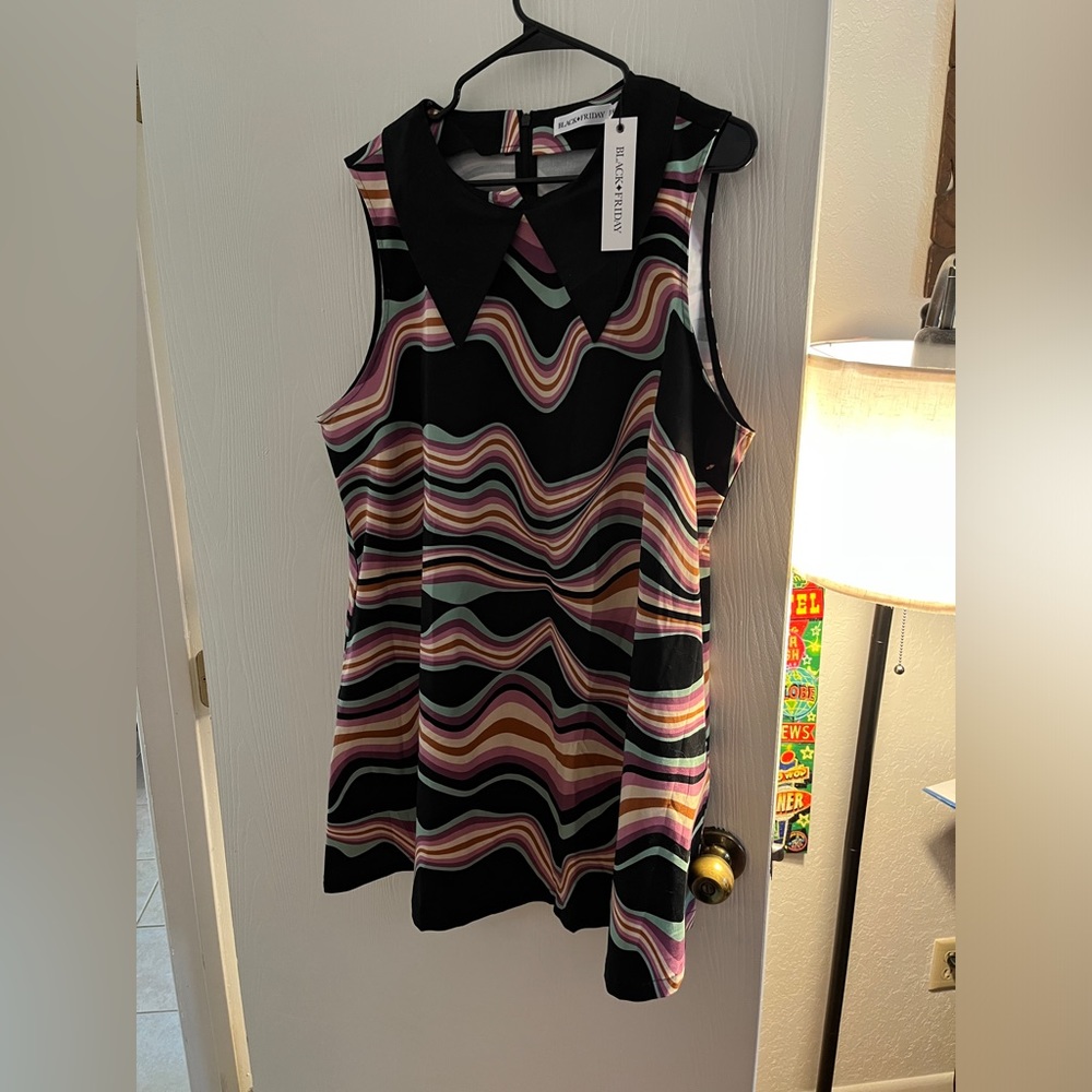 Wavy Stripes Sleeveless Mini Dress - Black with Pink & Purple